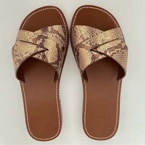 NEW Celine Women's Leather Sandals Slides 39 Gold Animal Print Flat Quiet Luxury